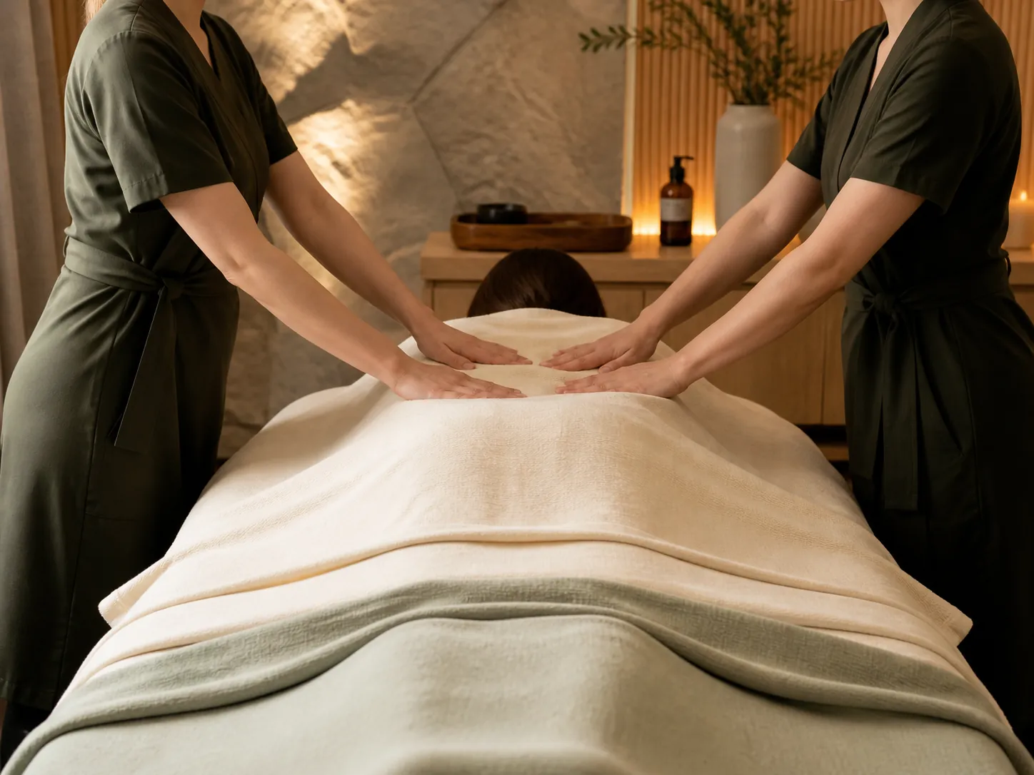 Illustrative preview of two therapists performing a coordinated treatment over a covered adult guest