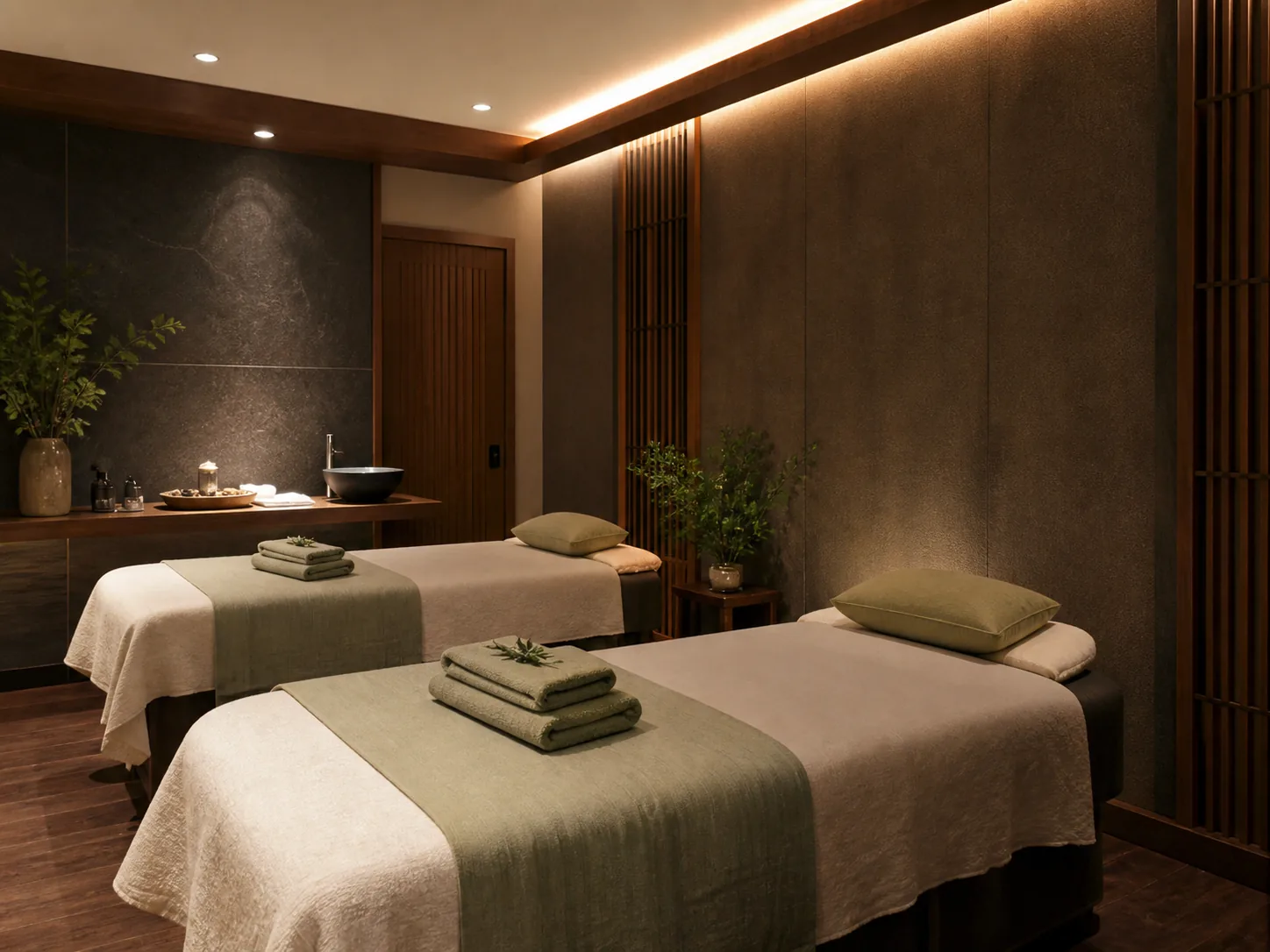 Illustrative preview of a private couple massage suite prepared with two treatment beds